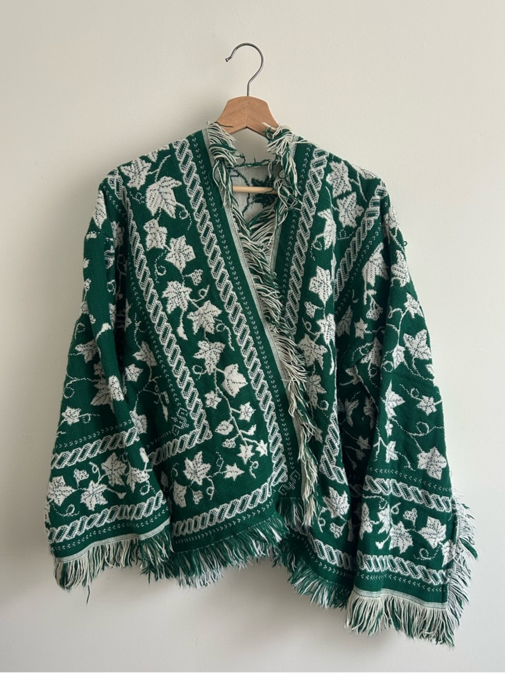 Western Green and White Floral Fringe Knit Sweater